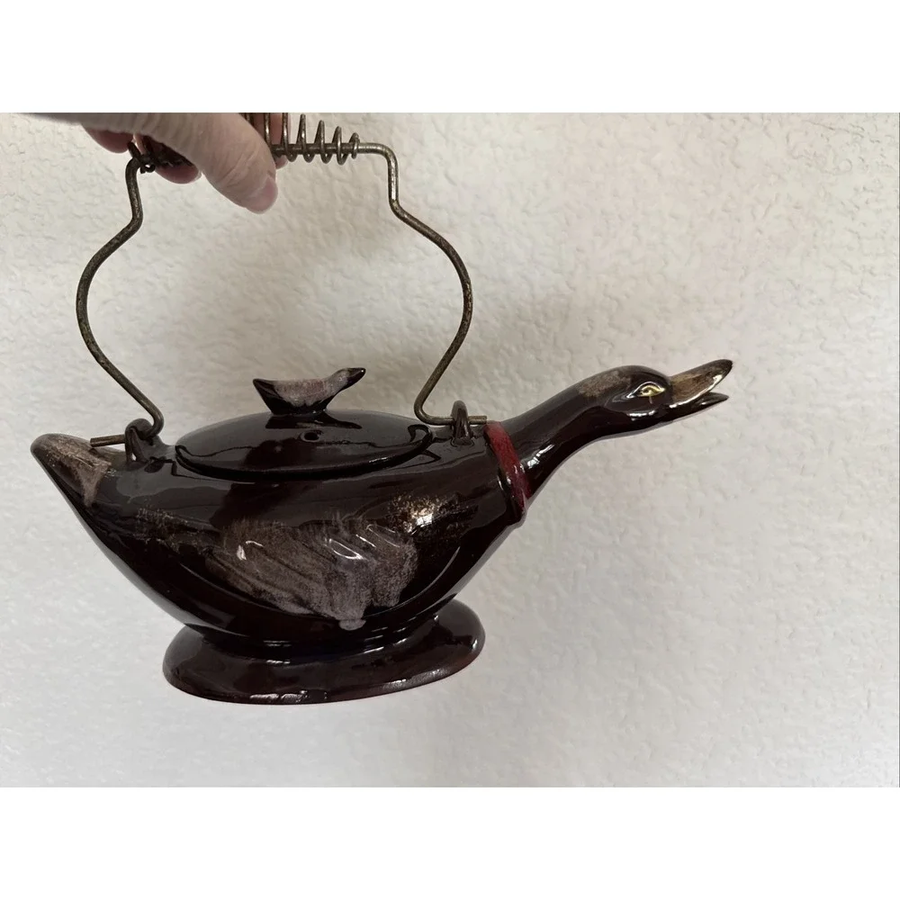 Vintage 1950's Redware Bird  Shaped Teapot with Metal Spirl Handle 10in Long